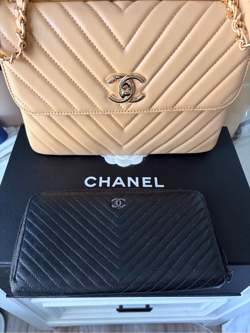 CHANEL Tan Chevron Quilted Top Handle Satchel with Gold Hardware